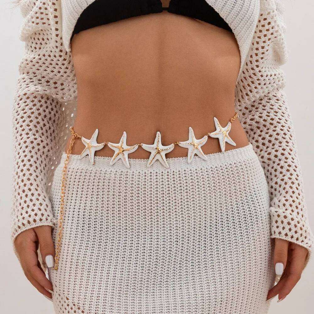 Retro Charm Gold Color Flowers Imitation Pearl Starfish Waist for Women Bohemia Beach Sexy Bikini Body Chain Jewelry Gift H260228