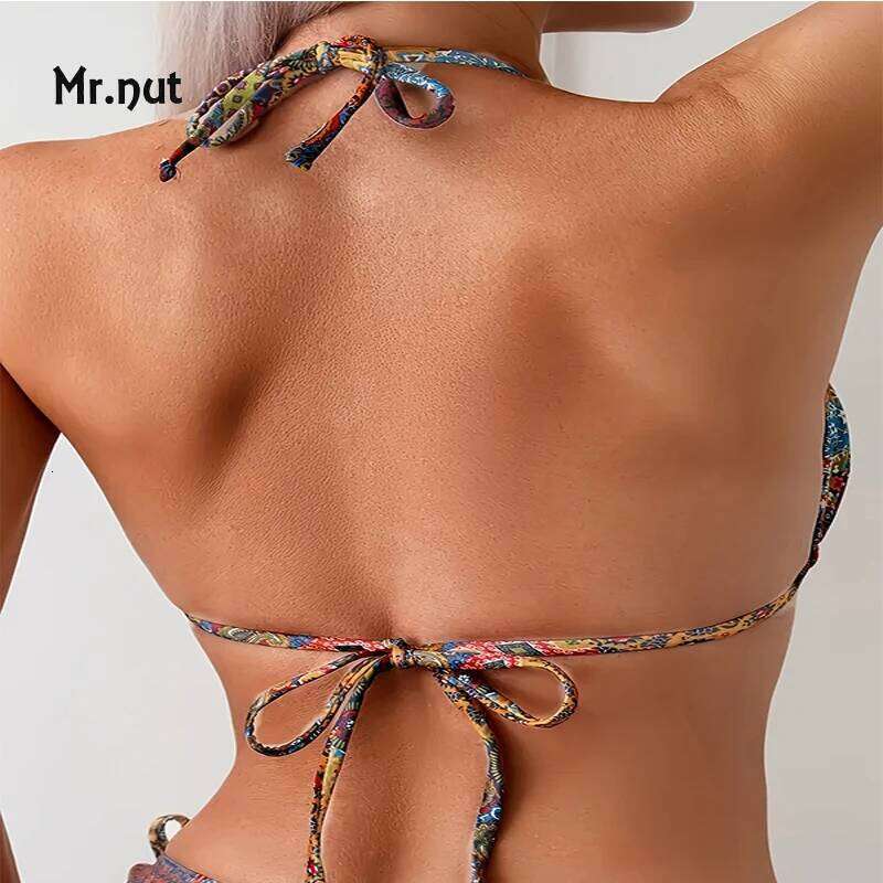 Mr. Nut 2025 New Neck Print Lace Up Split Women Sexy Beach Leak Back Swimsuit Bikini Z260301