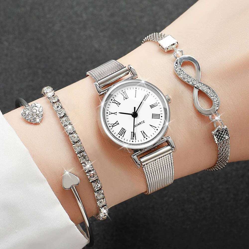 4PCS Fashion Women Diamond s Set Simple Mesh Band Ladies Quartz Wrist Reloj Mujer Girls Clock Without Box H260228