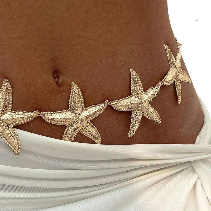 Vintage Gold Star Starfish Waist Metal Link Belly Belt Chain for Women Fashion Boho Summer Beach Bikini Body Jewelry H260228