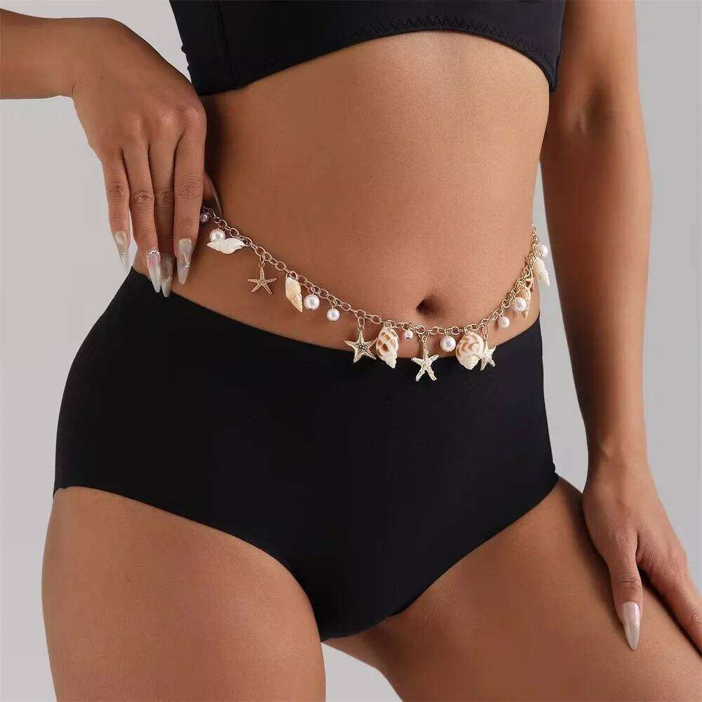 Wind Beach Vacation Imitation Pearl Starfish Pendant Waist Waistchain Sexy Snake Bone Body Chain H260228