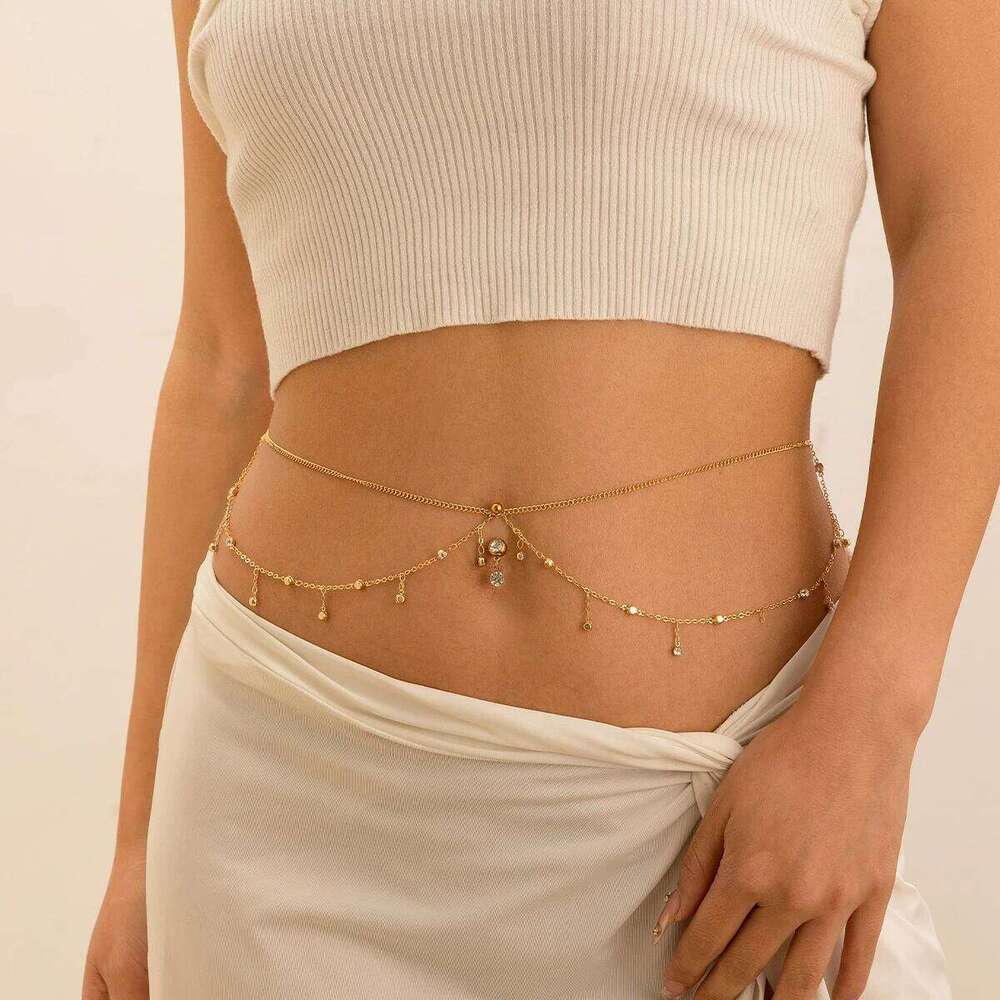 IngeSight.Z Simple Gold Color Stainless Steel Waist for Women Classic Zircon Pendant Sexy Double Layer Body Chain Jewelry H260228
