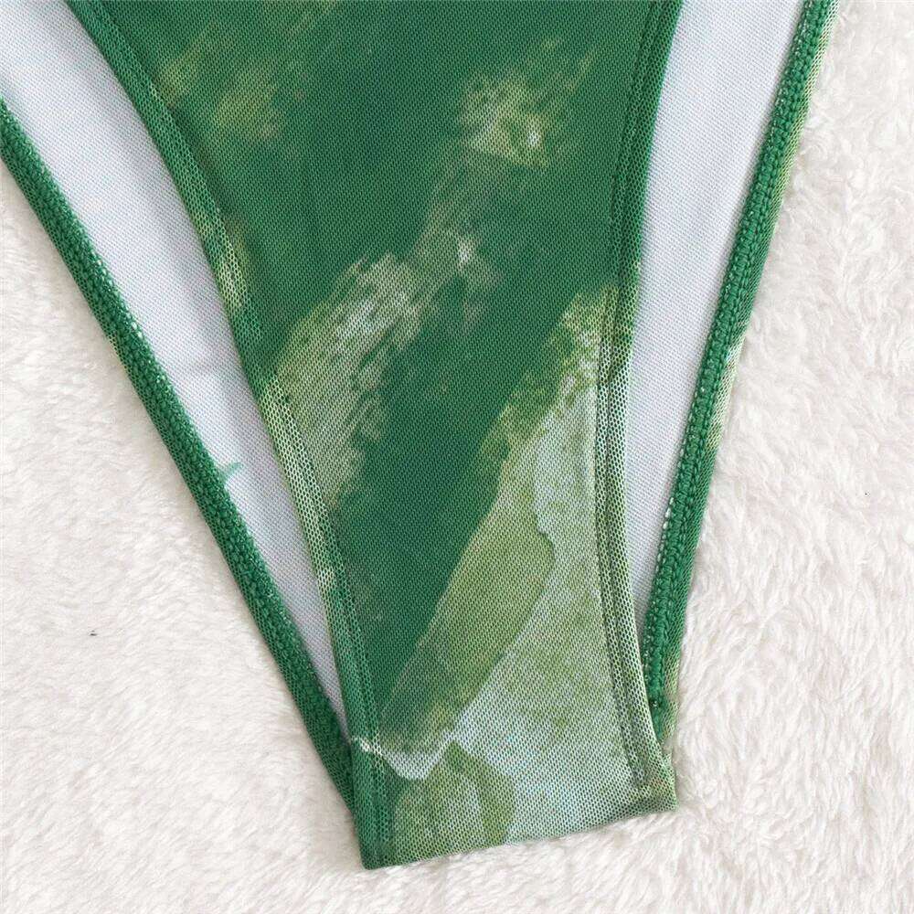 Green Tie Dye Print Sexy Swimsuit One Piece Metal Ring Swimwear Women 2025 Hollow Out Monokini High Leg Cut Bathing Swim Suit Z260301