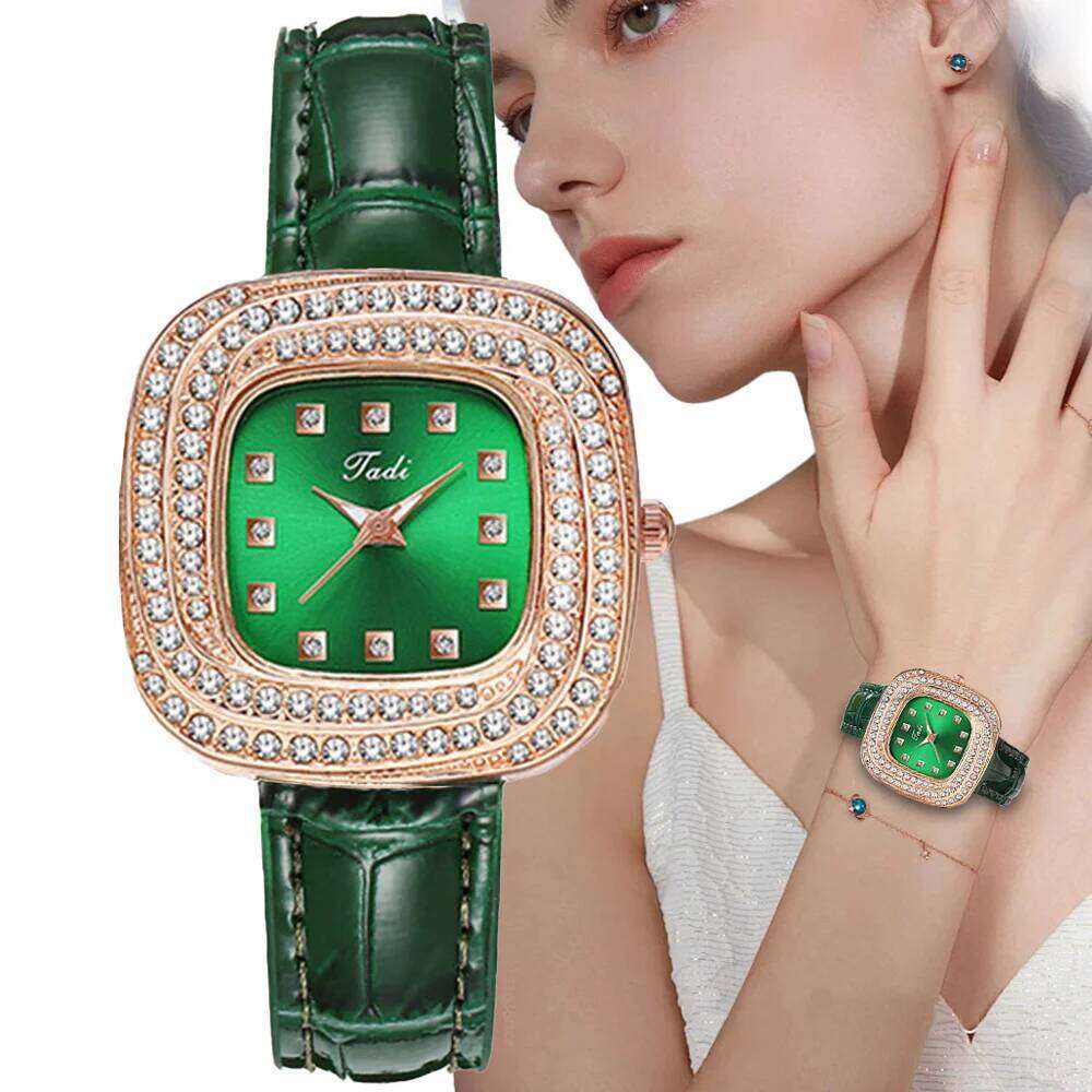 Women's Luxury 2025 Starry Night Diamonds Quartz Fashion Green Leather Simple Clock Gift Wrist H260228