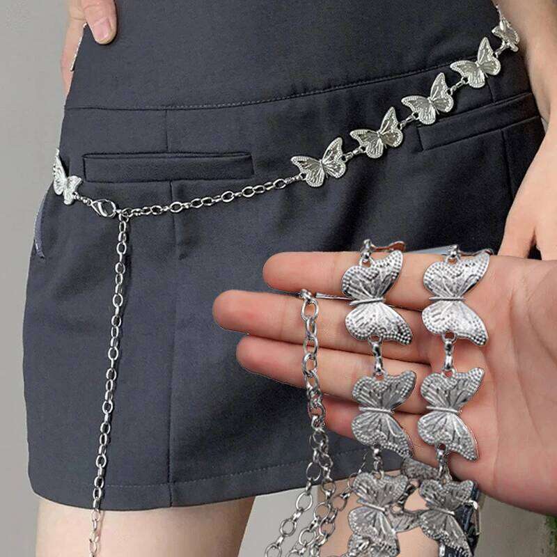 Retro Belly Y2K Butterfly Versatile Silver Color Vintage Waist Dress Skirt Sexy Chain Gothic Fashion Accessory H260228