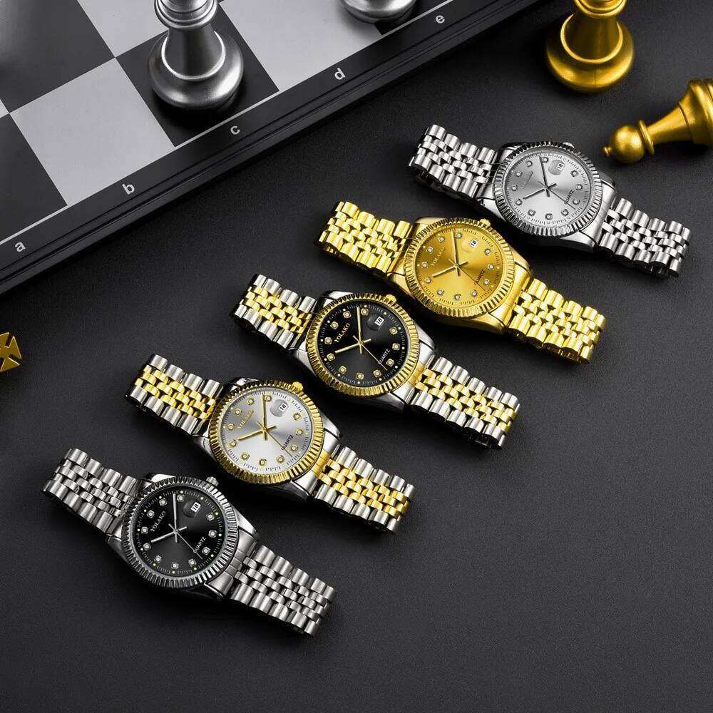 es for Women Simple Casual Student Fashion Quartz Diamond-Encrusted Steel Band Calendar Gold Set Men's Couple H260228