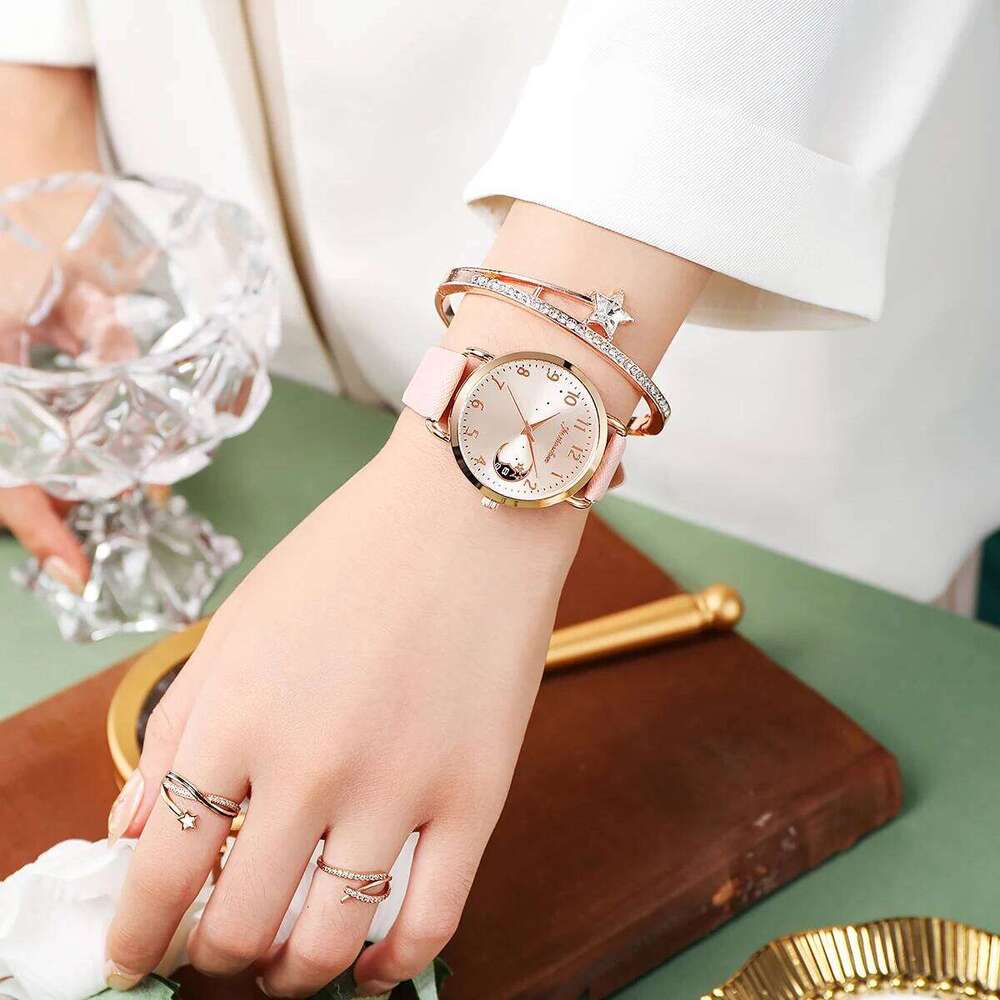 2PCS Fashion Moon Dial Women es Set Casual Leather Strap Ladies Quartz Wrist Reloj MujerWithout Box H260228