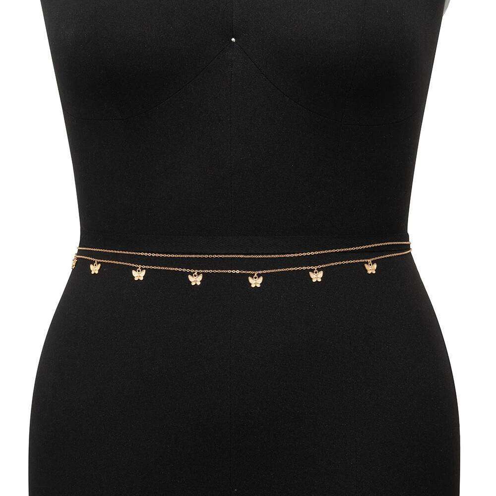 Retro Butterfly Pendant Belt With Body Chain, Suitable For Women's Fashionable Belly Dance Clothing H260228