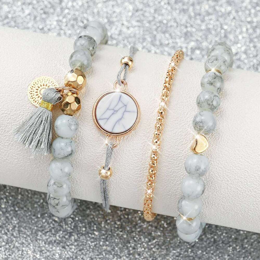 5pcs/set Women White Silicone Band Quartz and Beads Tassels Set H260228