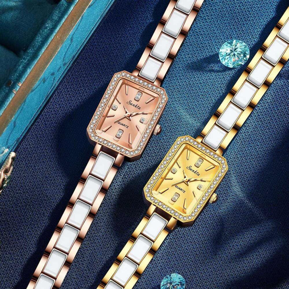 LIGE Luxury New Simple Square Full Diamond Digital Quartz e Gold Stainless Steel Women's Dress Clock H260228