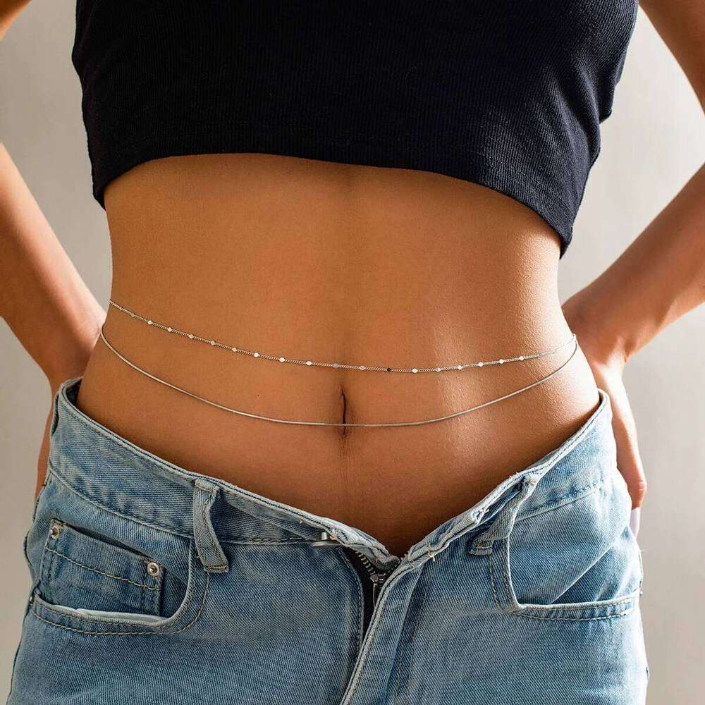 2Pcs/Set Simple Boho Smooth Snake Chain Waist Belt Sexy Lingerie Women Rhinestone Belly Body Jewelry Bikini Summer Accessories H260228
