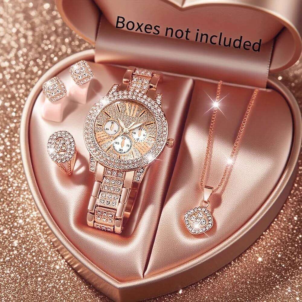 5PCS Elegant Women's Jewelry Set Fashion Rhinestone Ladies Quartz Wrist Reloj Mujer Girls Clock GiftWithout Box H260228