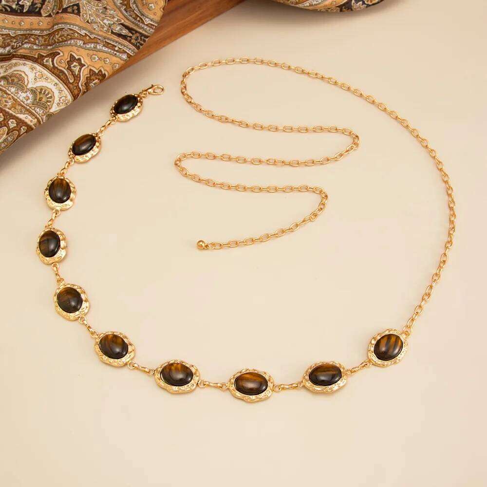 Retro Temperament Gold Color Liquid Rimmed Oval Resin Opal Waist for Women Metal Tassel Chain Body Jewelry Gift H260228