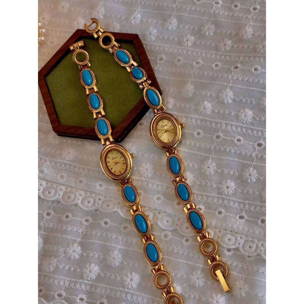 1 Piece of French Fashionable and Elegant Women's Artificial Turquoise Stone Inlaid Strap 30m Waterproof Oval Quartz with Classic Retro Dial, Sui