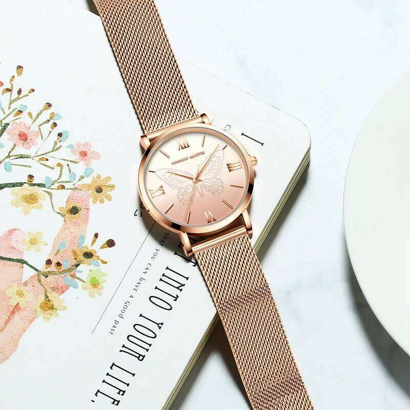 HANNAH MARTIN Brand Original 3D Rose Gold 36mm Stainless Steel Mesh Belt With Japanese Quartz Movement Women es H260228