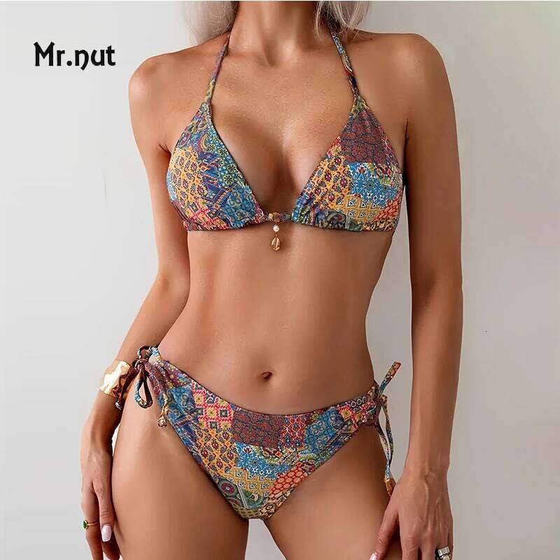 Mr. Nut 2025 New Neck Print Lace Up Split Women Sexy Beach Leak Back Swimsuit Bikini Z260301