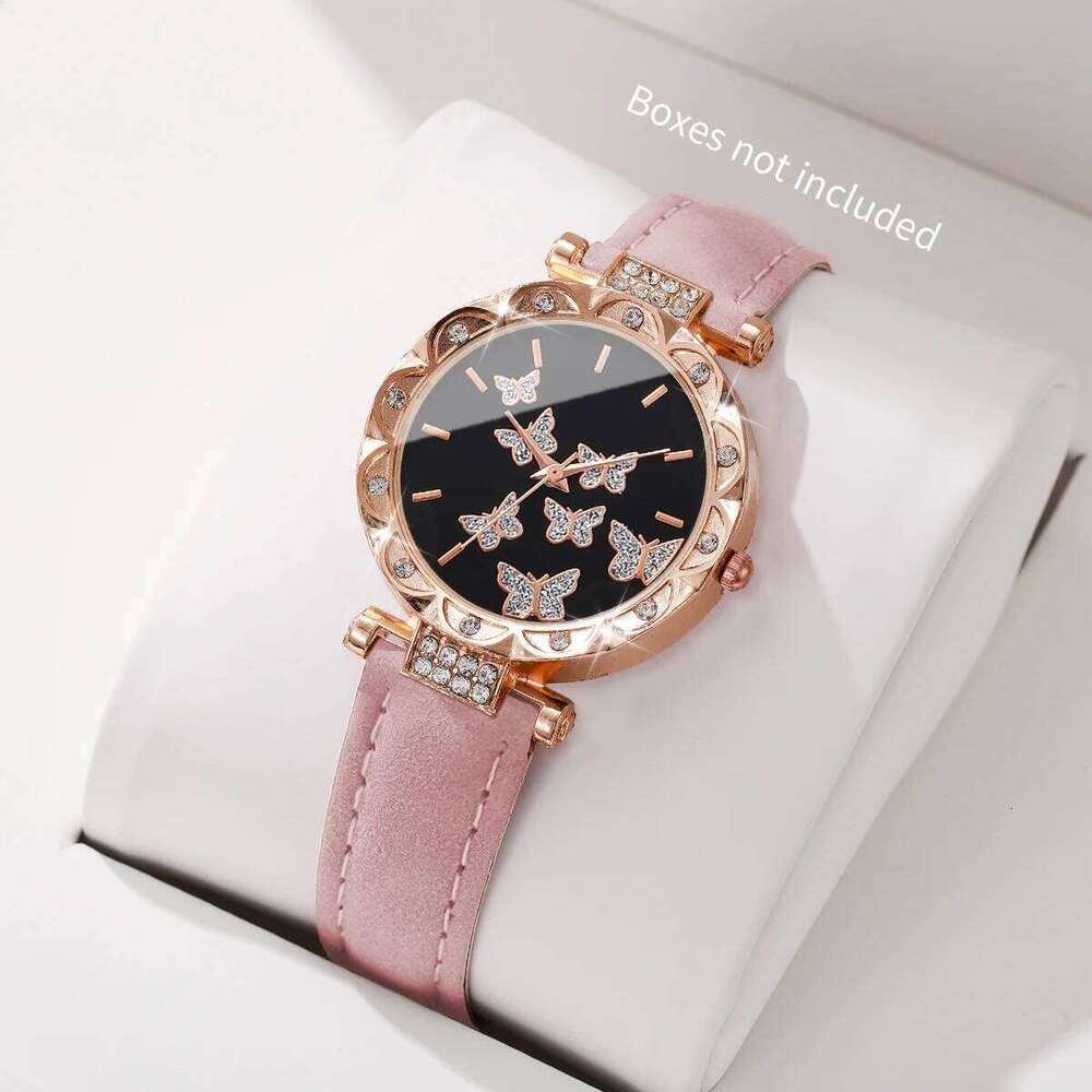 Women Fashion Butterfly Rhinestone Dial Wrist Ladies Casual Leather Strap Quartz Relogio FemininoWithout Box H260228