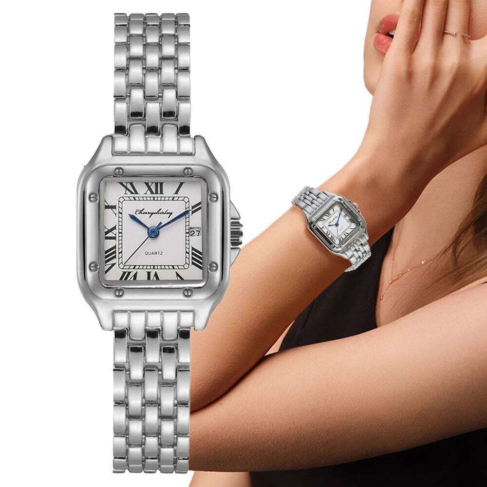 Luxury Branded es 2025 Simple Square Roman Calendar Women Quartz Fashion Stainless Steel Strap Ladies Clock H260228