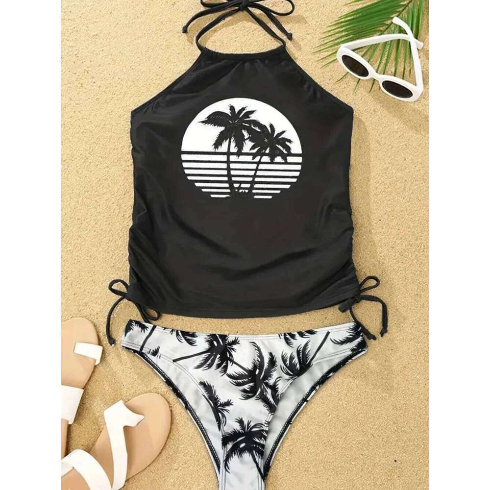 Sexy Solid Print Tankini Set Tied Halter Women Swimwear Biquinis Summer Backless Beach Bathing Suit One Piece Swimsuit Z260301