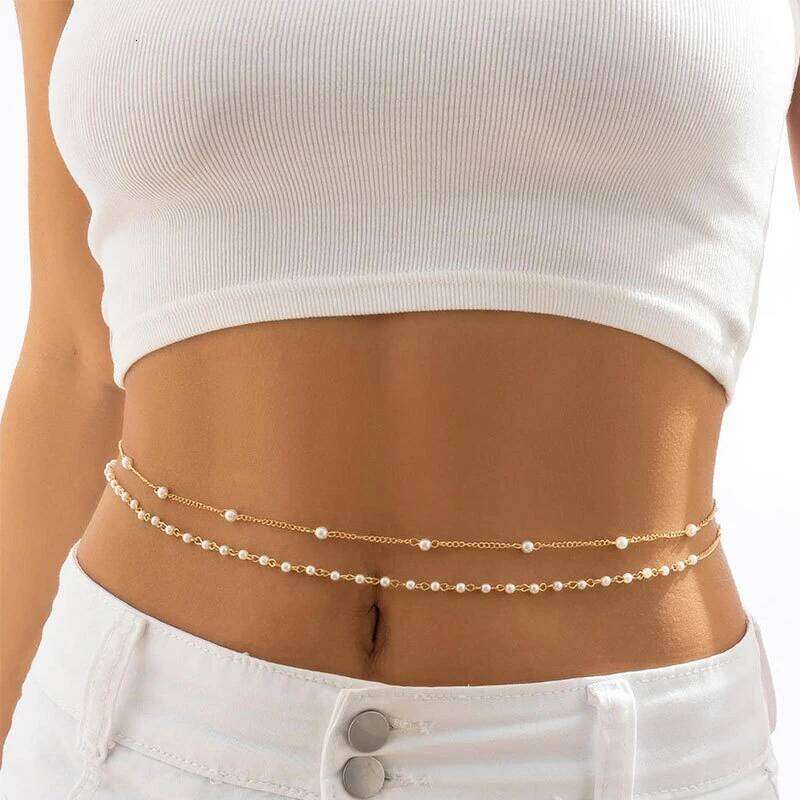 Double Layer Metal Waist Chain for Women Sexy Imitation Pearl Tassel Body Jewelry Chic Shell Sea Star Beach Bikini Belly Chains H260228