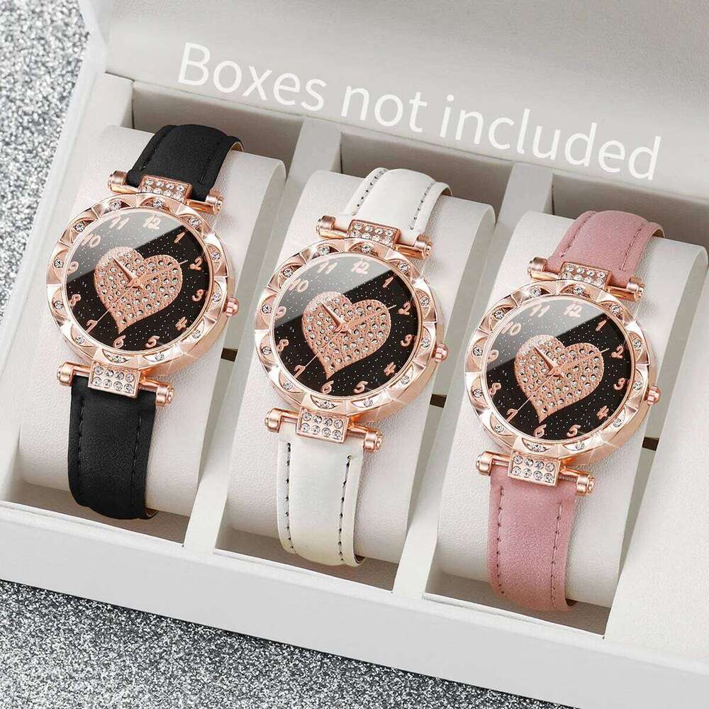 3PCS Women es Fashion Rhinestone Heart Dial Quartz Female Leather Band Wristes SetWithout Box H260228