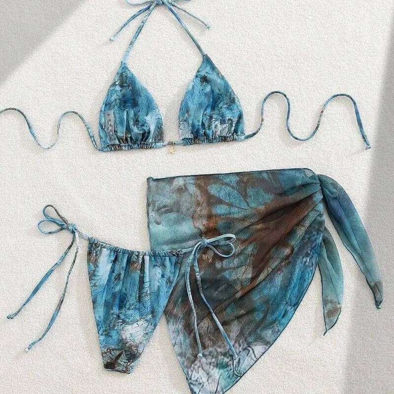 New Women's Retro Floral Print Apron Style Bikini Set 3 Piece High Waisted Tie Side Swimsuit Beach Vacation Swimsuit Biquine Z260301