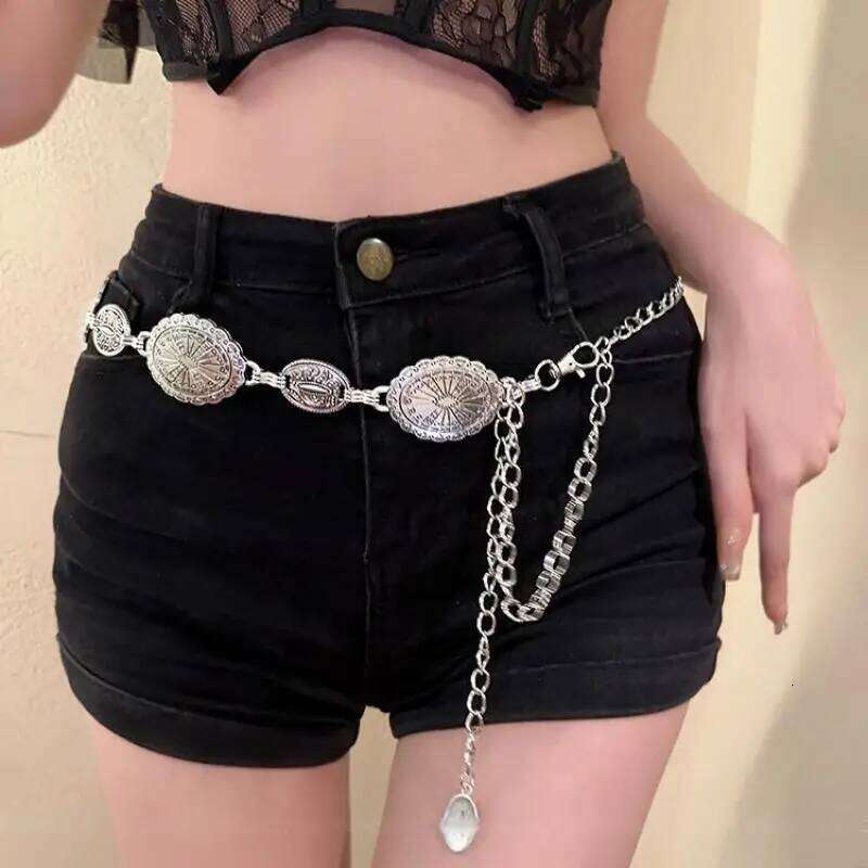 1Pcs Ethnic Style Elliptic Waist Accessories for Women's Retro Bohemian High-End Silver color Chain with Skirt Belt H260228