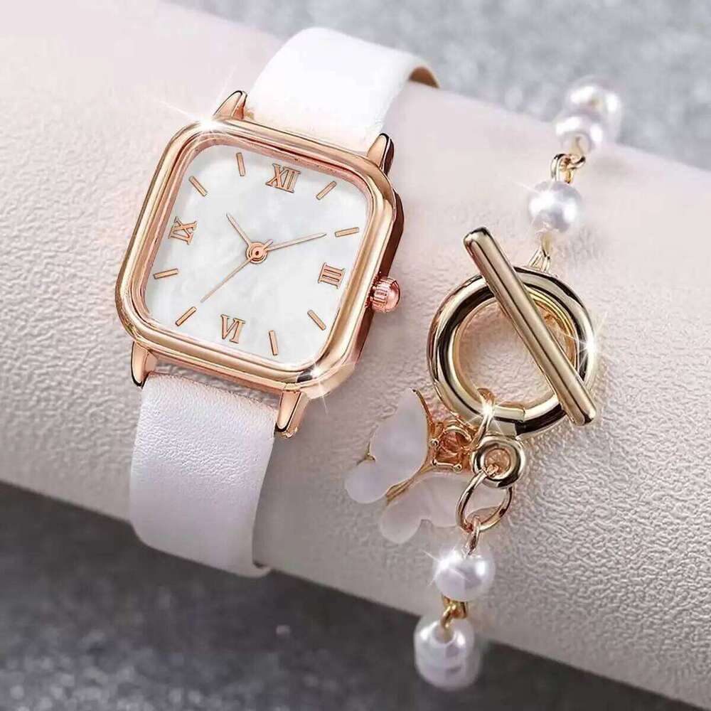 2PCS/Set Fashion Square Women es Casual Leather Strap Quartz Wrist Pearls Butterfly Set Reloj Mujer H260228
