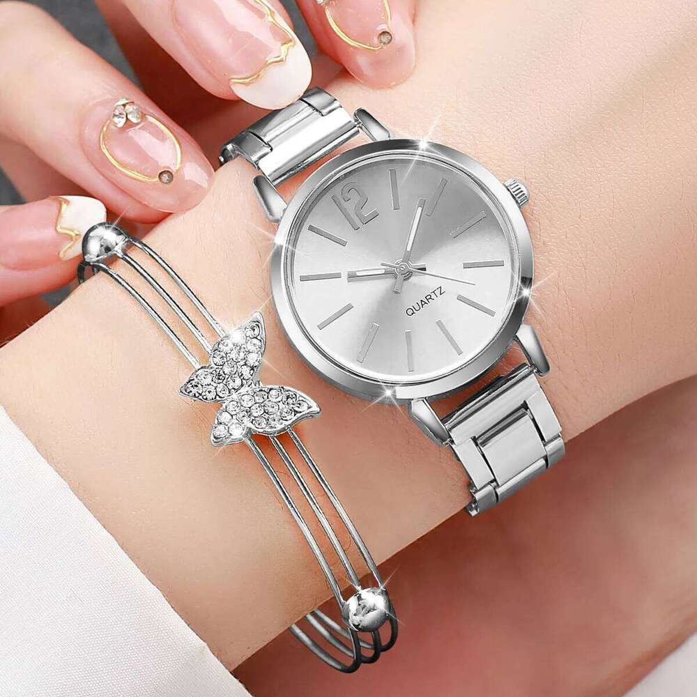 6PCS Fashion Women's Quartz Silver Steel Band Female Wristes Butterfly Jewelry SetWithout Box H260228
