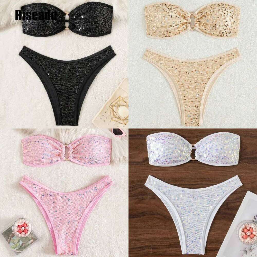 Women Sequins Shiny Bikini Bandeau Sexy String Two Pieces Swimsuit Female Thong Swimwear Z260301