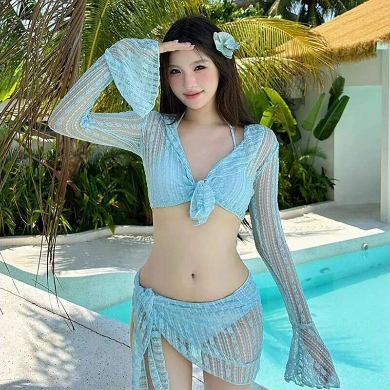 Sexy Four-piece Women Swimsuit Long-sleeve Cover-up Swimwear Summer Solid Bikini Set Brazilian Beachwear Party Bathing Suit Z260301