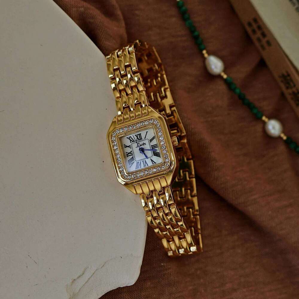 1pc New Arrival Gold-Tone Square Dial Women's Waterproof With Inlaid Rhinestone, Elegant & Simple Style, for women H260228