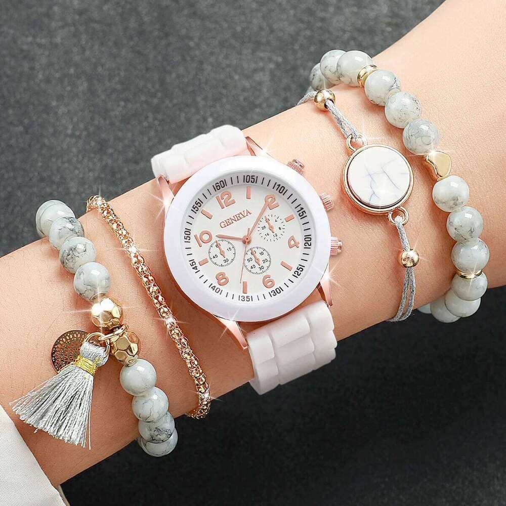 5pcs/set Women White Silicone Band Quartz and Beads Tassels Set H260228