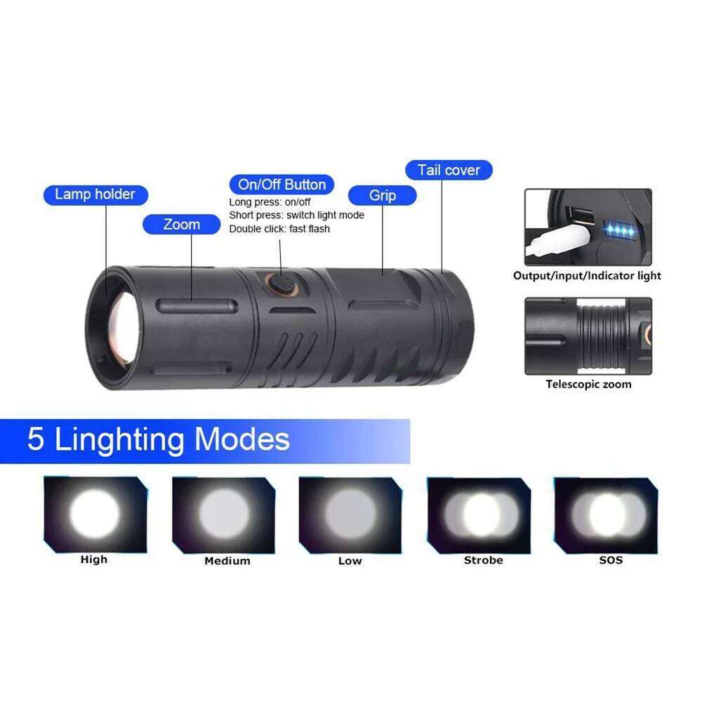 BORUiT 500M Long Throw 3000LM LED Zoom Flashlight Type-C Rechargeable Power Bank Torch IPX5 Waterproof Camping Hunting Lantern Z260301