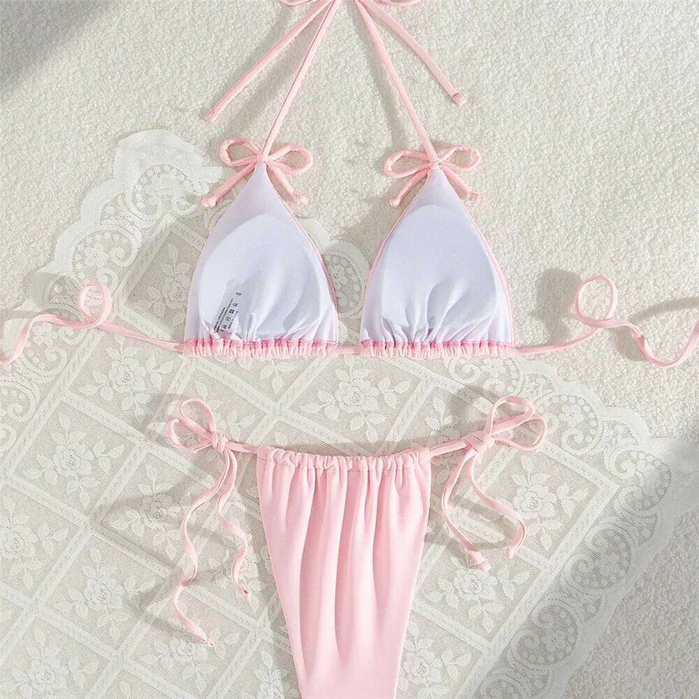 Pink Bow Swimwear String Halter Triangle Micro Bikini Thong Sexy Swimsuit Women Lace-up Wrinkled Bathing Suit Mini Bikinis Sets Z260301