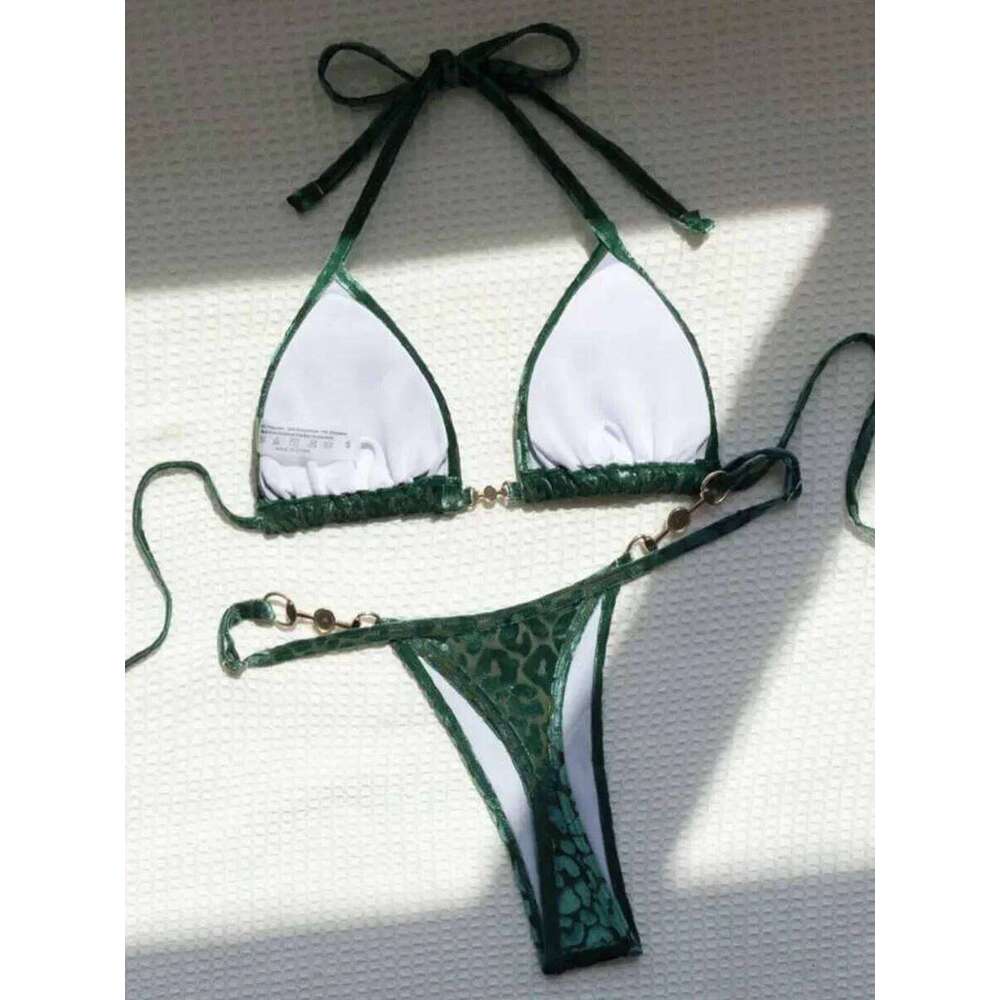 Sexy Leopard Velvet Mini Micro Thong Bikinis Women Swimwear Female Swimsuit Two-piece Bikini Set Halter Bathing Suit Swim Z260301