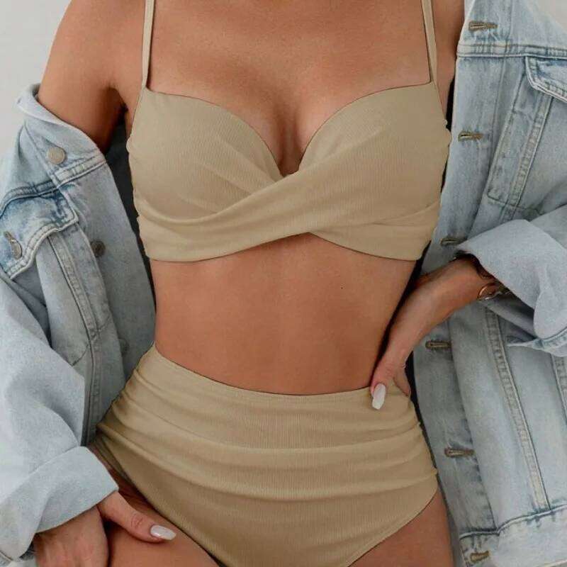 2025 Solid Color High-Waist Bikini Set | Premium Minimalist European Beachwear for Women, Trendy Two-Piece Swimsuit Z260301