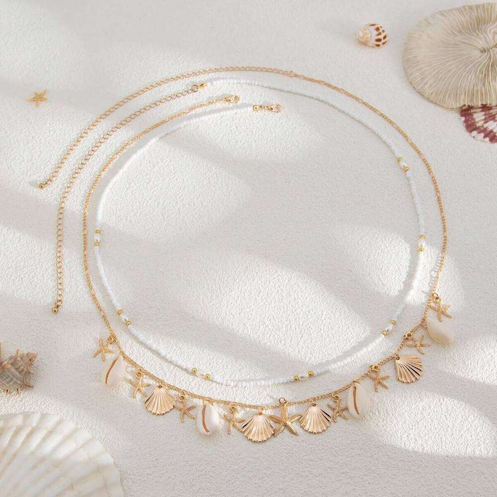 New European and American Bohemian Beach Starfish Shell Waist Chain, Fashion Imitation Pearl Conch Body Chain H260228