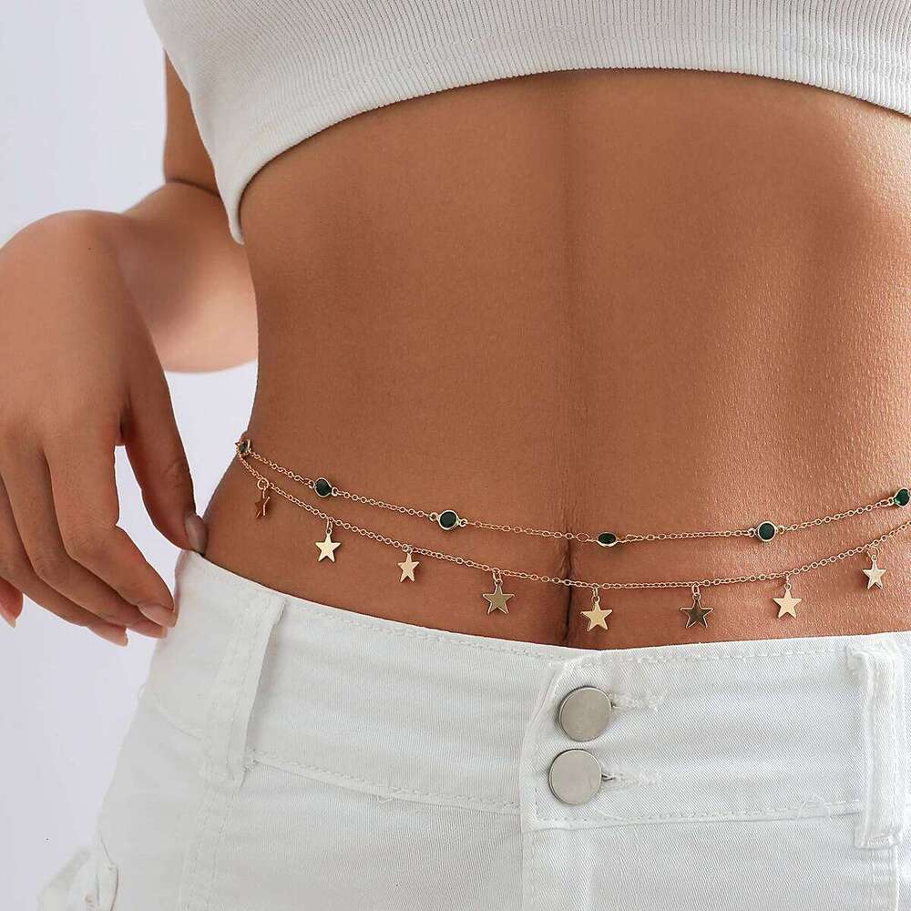 PuRui Bohemia Green Glass Rhinestone Tiny Star Pendant Charm Women Belly Waist Chain Sexy Bikini Body Jewelry Summer Beach Party H260228
