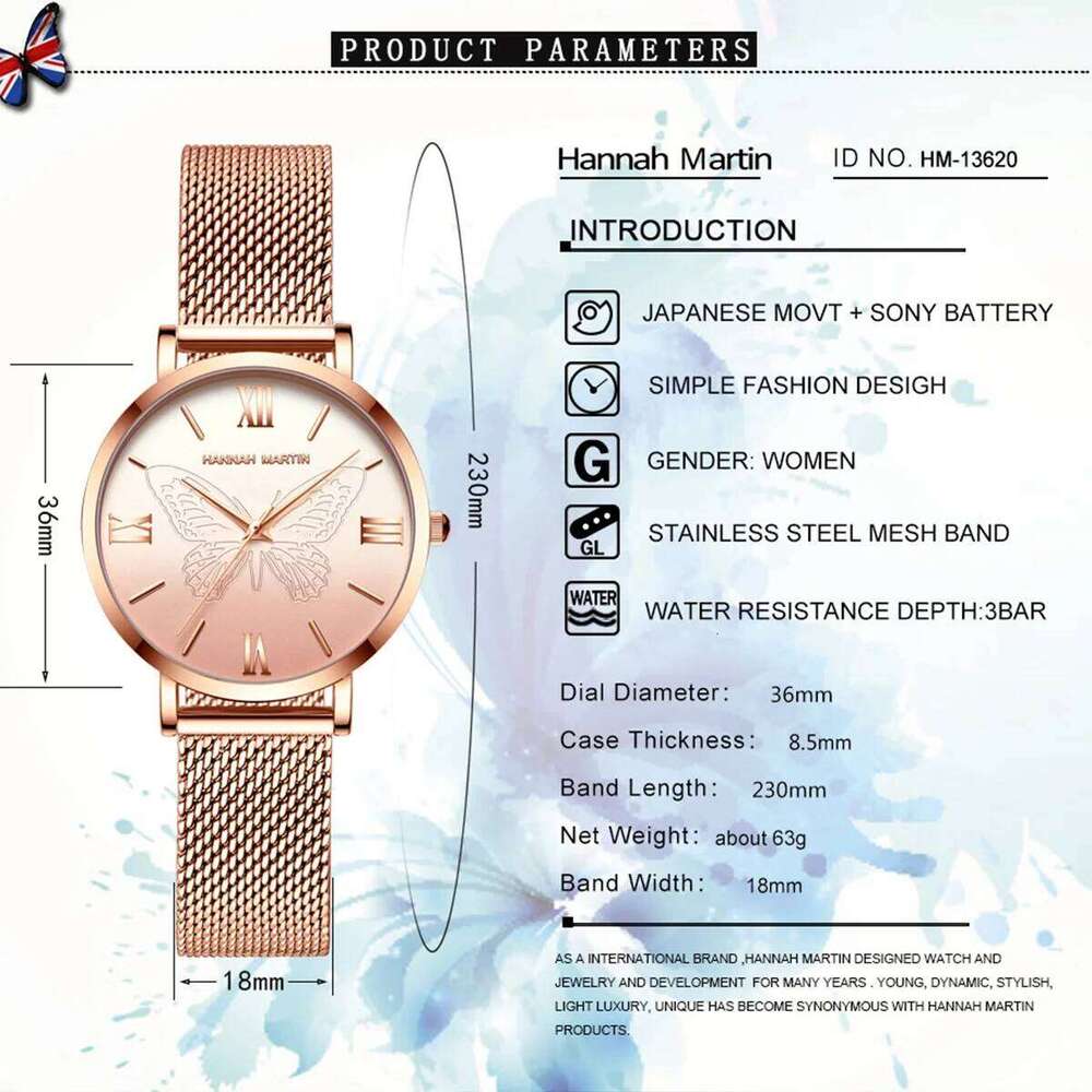HANNAH MARTIN Brand Original 3D Rose Gold 36mm Stainless Steel Mesh Belt With Japanese Quartz Movement Women es H260228