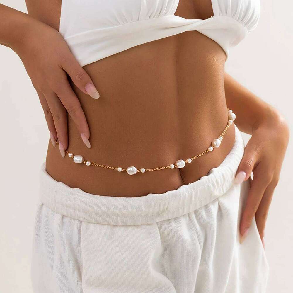 Kpop Irregular Imitation Pearl Waist Belly Chain for Women Gold Color Metal Sexy Summer Bikini Beach Body Jewelry 2023 New Trend H260228