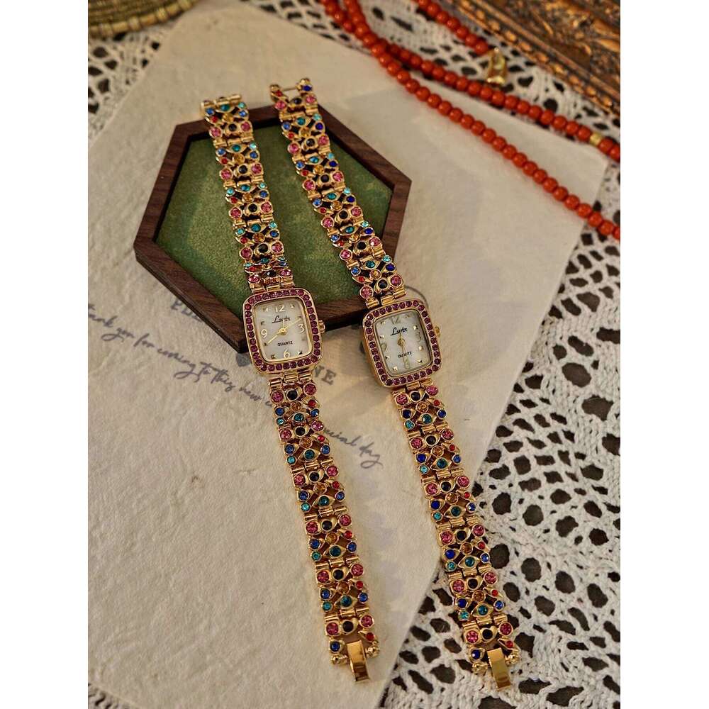 1 Piece French Fashionable and Elegant Women's Colorfulful Rhinestone Gemstone Inlaid Strap 30m Waterproof Square Quartz Mother-Of-Pearl Dial, Su