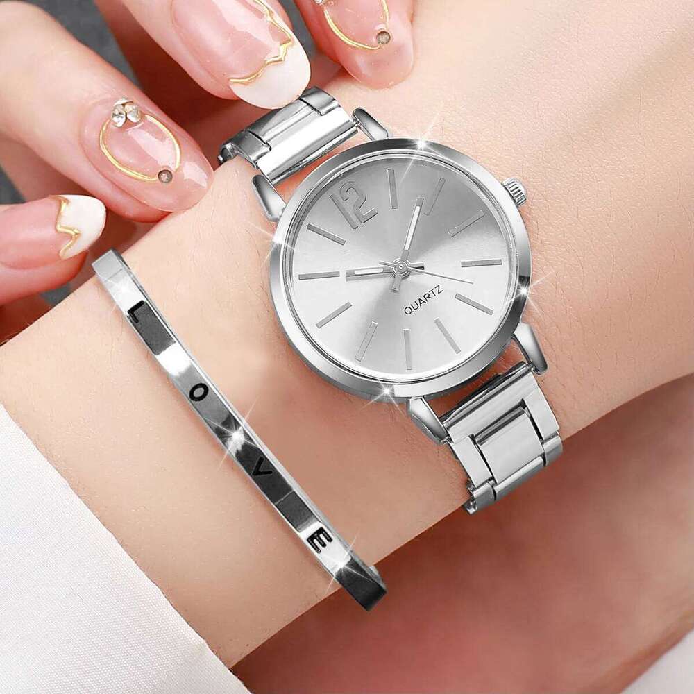 2PCS Women's Fashion Gold Steel Band Quartz Wrist Opening Cuff Set H260228