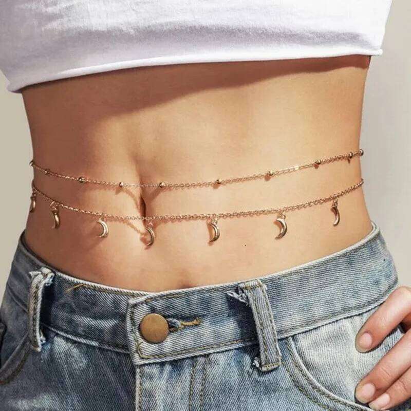 Sexy Vintage Aesthetic Moon Belly Thin Beads Link Waist Chain Belt Streetwear Summer Women Fashion Body Jewelry H260228