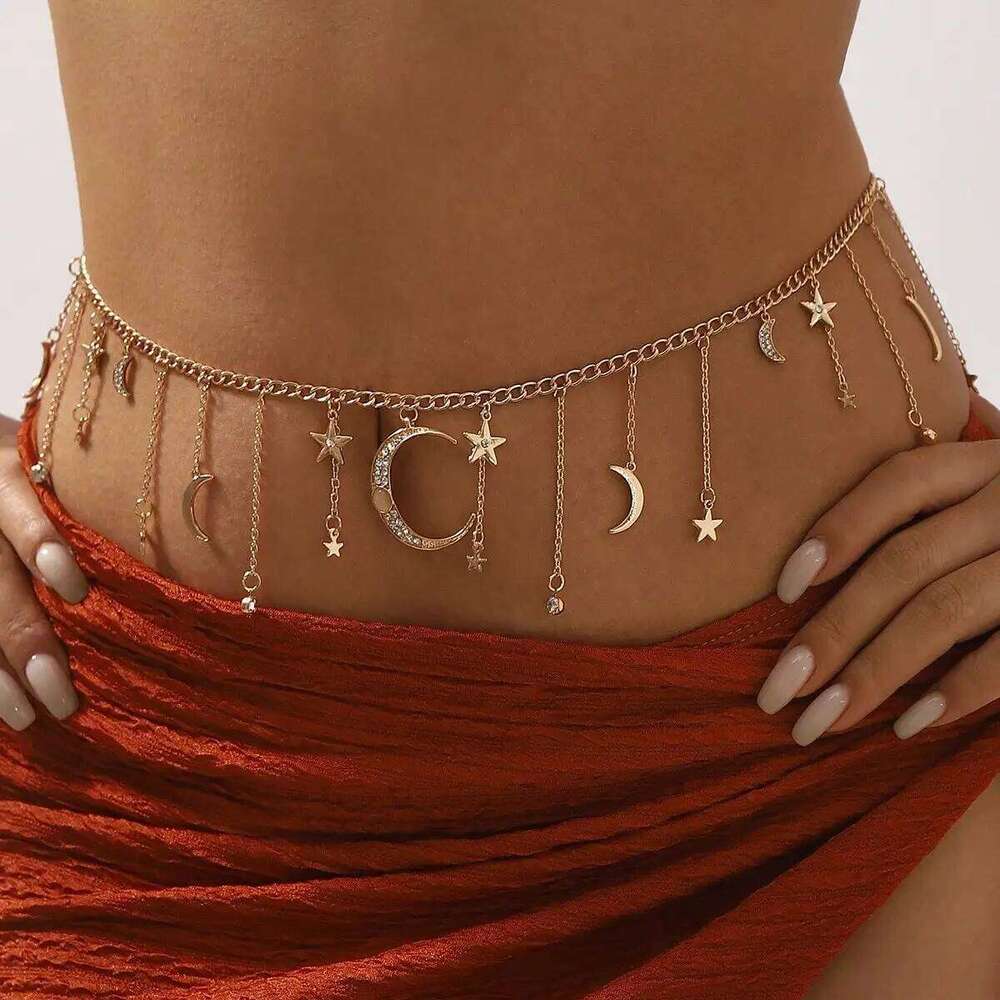 New Fashion Body Jewelry Summer Beach Vacation Rhinestone Star Moon Tassel Waist Chain Women's Party Accessories H260228