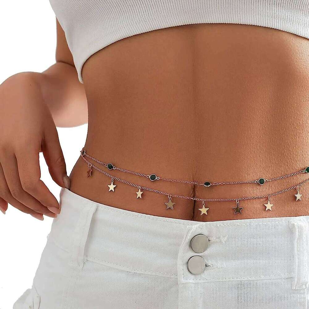 Beach Bikini Simple Double-layer Rhinestone Pentagram Pendant, Versatile Waist Female Sexy Crystal Body Chain H260228