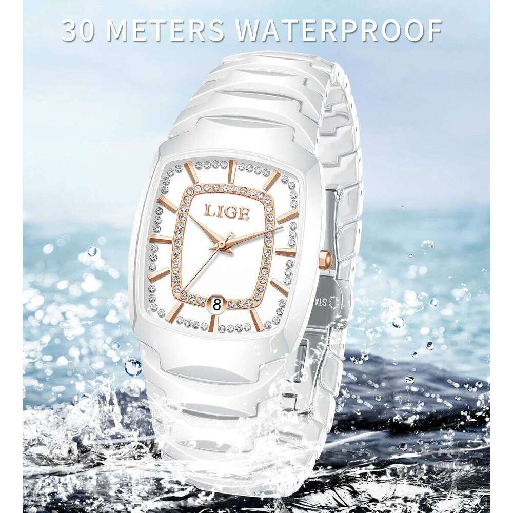 LIGE New Creative Women Ceramic Wrist es Ladies Square Waterproof Female H260228