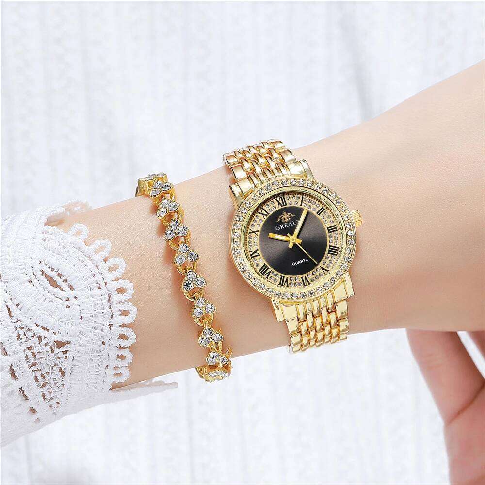 Luxury Branded Fashion Rome Diamond Set es for Women Quartz Casual Gold Stainless Steel Strap Women's Clock H260228