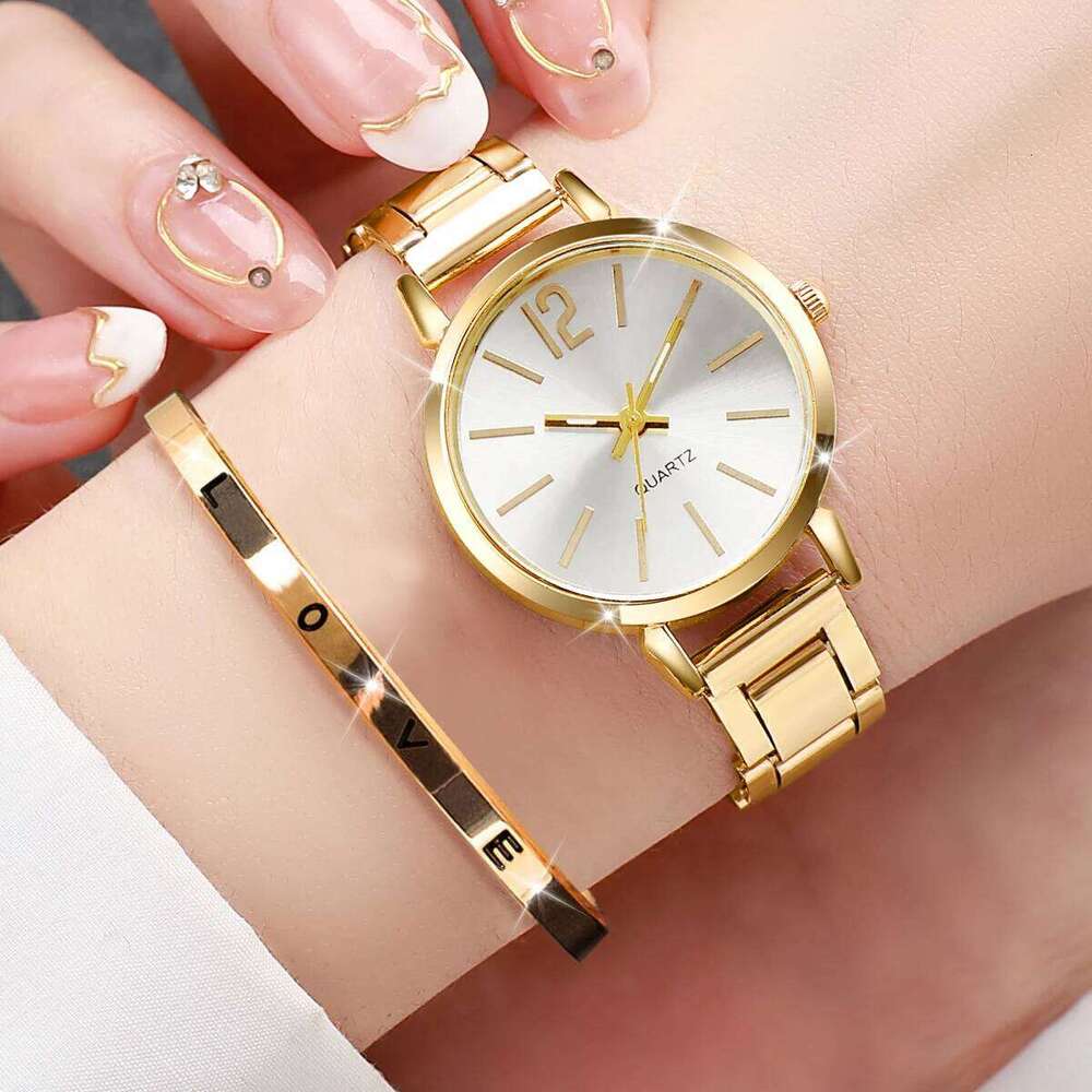 2PCS Women's Fashion Gold Steel Band Quartz Wrist Opening Cuff Set H260228