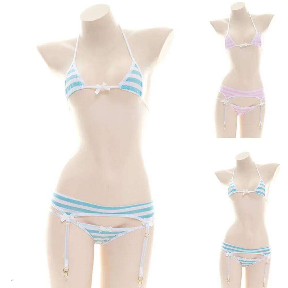 Sexy Bikini Set Women Strap Underwear Stripe Cute Lingerie Micro-Bikinis Swimwear Japanese Schoolgirl Anime Cosplay Z260301
